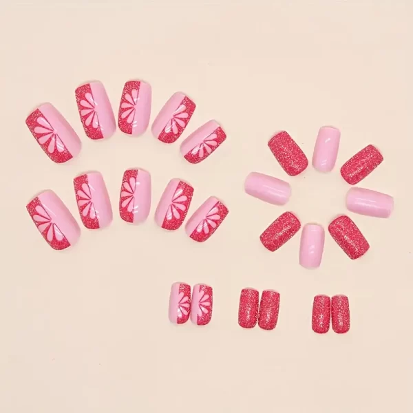 Medium-long square pink glitter press-on nails for a chic, minimalist look.