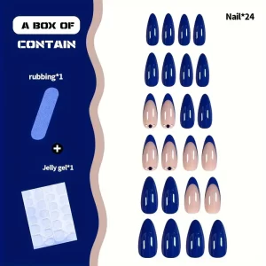 24pcs medium-length almond-shaped press-on nails with blue French tips and rhinestone details.