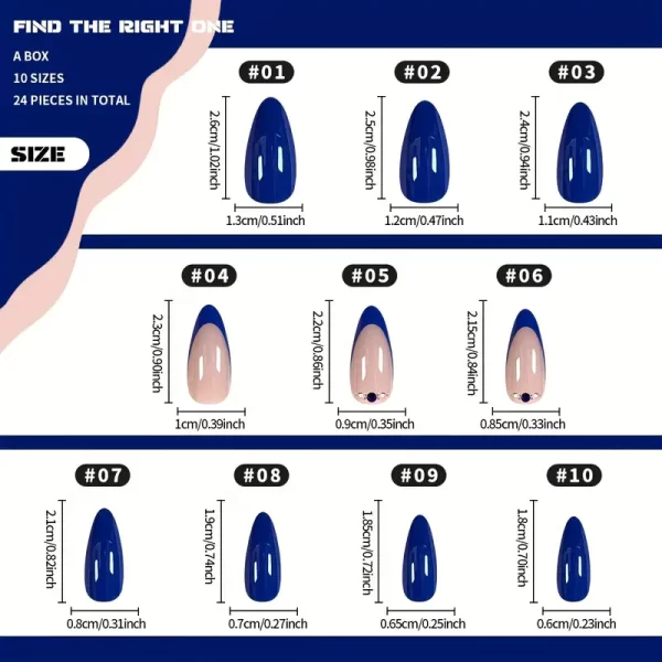 24pcs Medium-Length Almond-Shaped Blue French Tip Press-On Nails with Rhinestones - Image 3