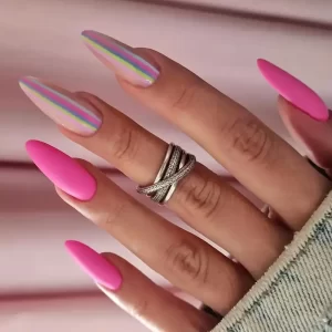 24pcs Long Almond-Shaped Matte Pink Striped Press-On Nails – Multicolored Stripes