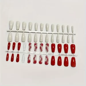 48 PCS Red and White Mixed Color Ballet Nail Tips – Medium Length