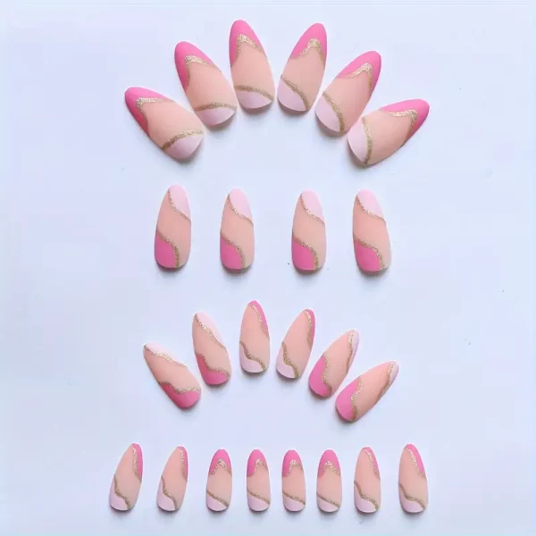 Long almond-shaped matte pink press-on nails with golden stripe design, includes nail file and adhesive pads.