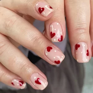 Valentine's Day Red Heart Pattern False Nails with White Polka Dots