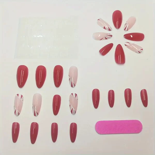 24pcs almond-shaped press-on nails with red tips and candy stripes in nude pink and red.