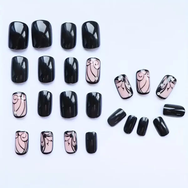 24pcs Long Ballerina Pink Press-On Nails with Black & Pink Flame Design