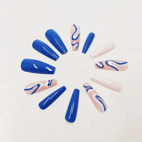 24pcs Long Ballerina Press-On Nails – Blue, White, and Pink with Swirl Detail
