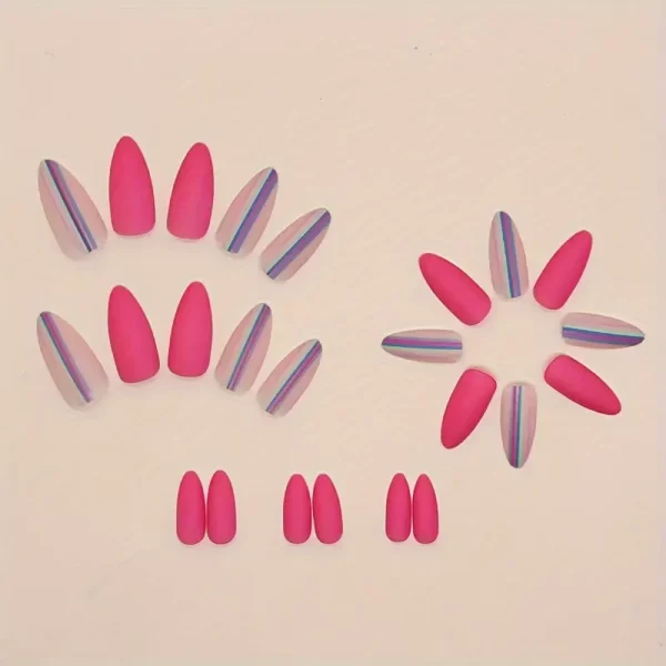 24pcs Long Almond-Shaped Matte Pink Striped Press-On Nails – Multicolored Stripes